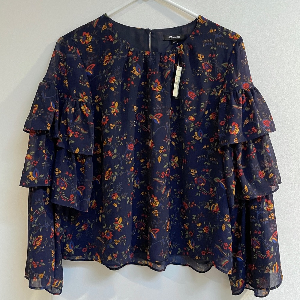 Madewell Navy Blue Tiered Ruffle Sleeve Blouse, Size M, NWT